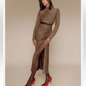 Reformation Tilda Dress in Catnip Midi Maxi Animal Print High Neck Side Slit 8